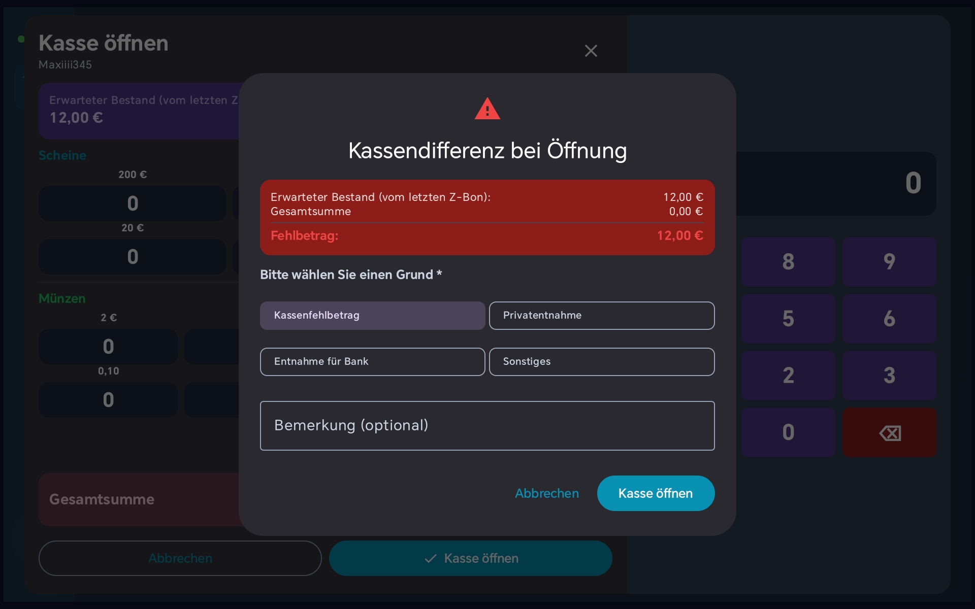Kassendifferenz bei Öffnung — Grund wählen