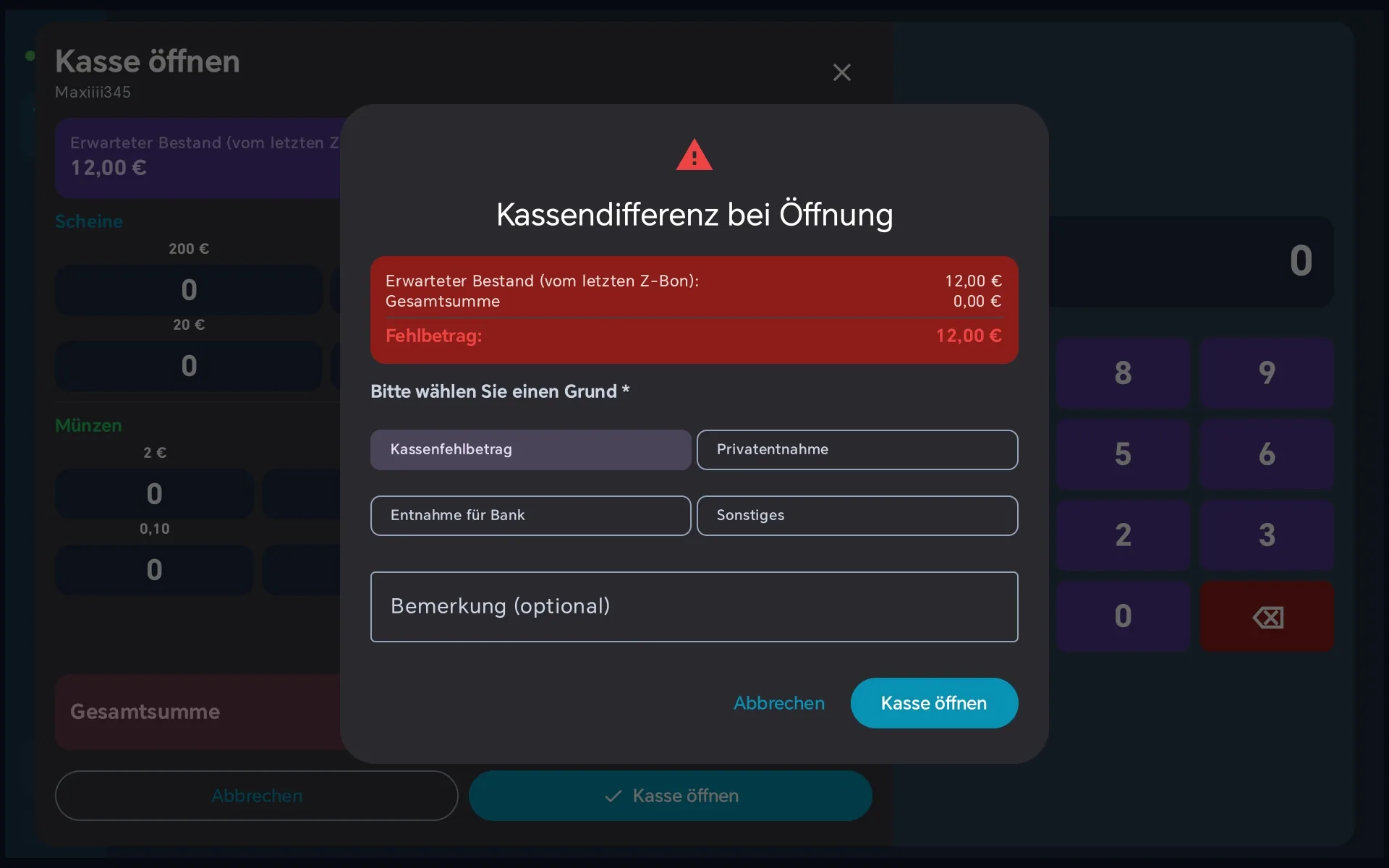 Kassendifferenz bei Öffnung — Grund wählen