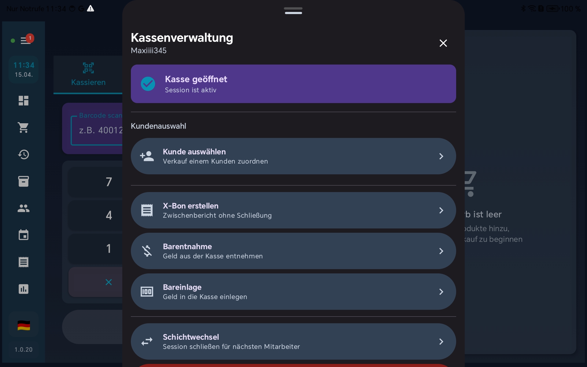 Kassenverwaltung bei aktiver Session mit X-Bon-Option