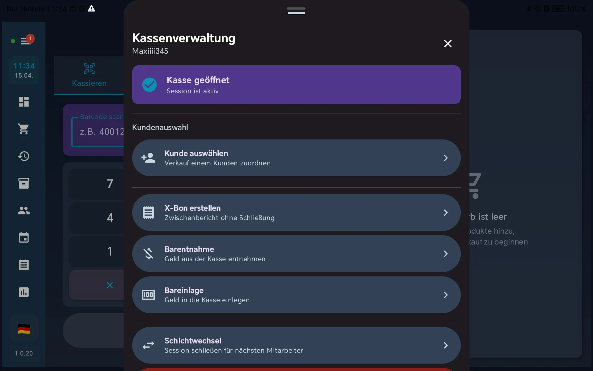 Kassenverwaltung bei aktiver Session mit X-Bon-Option