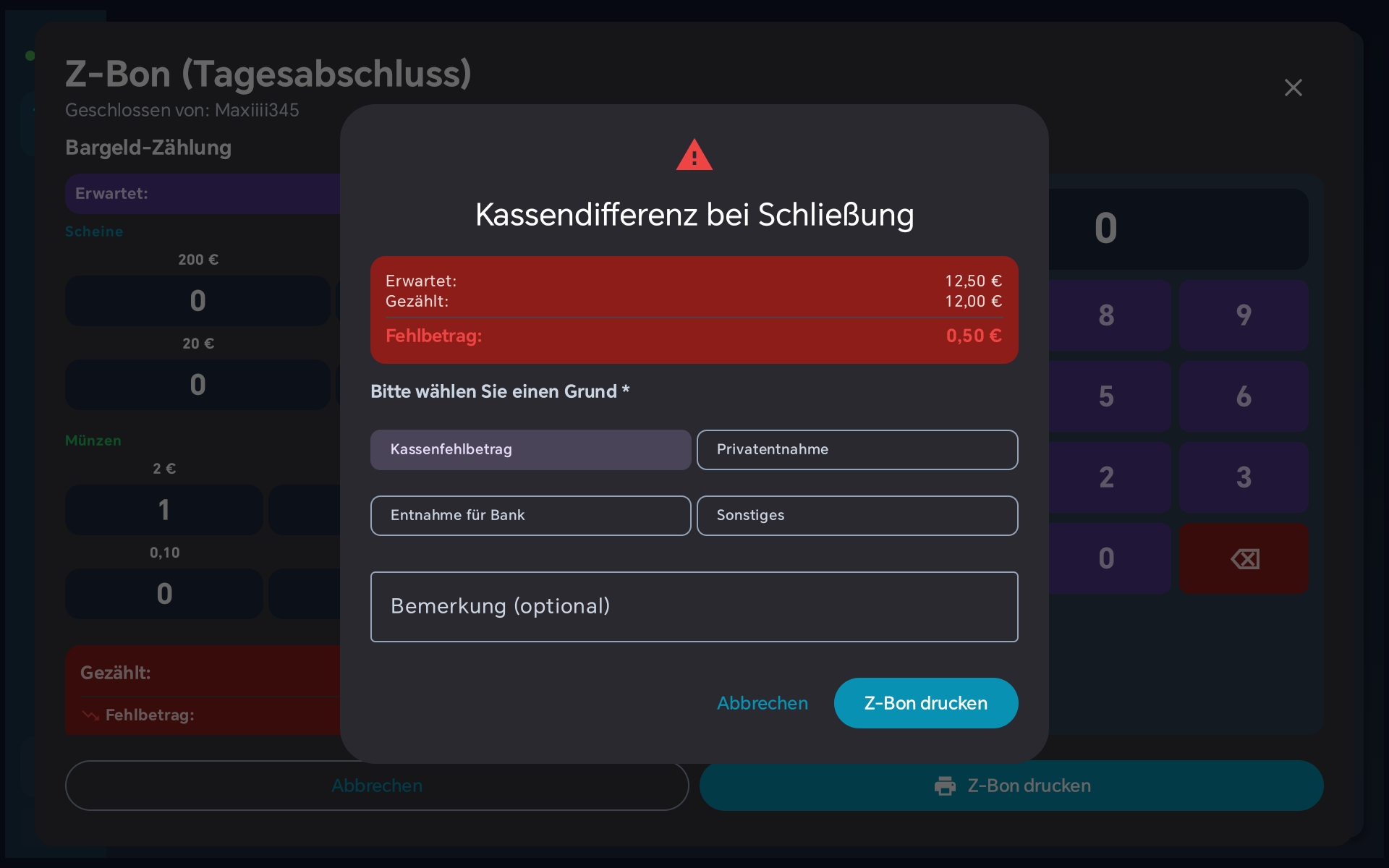 Kassendifferenz bei Schließung — Grund wählen