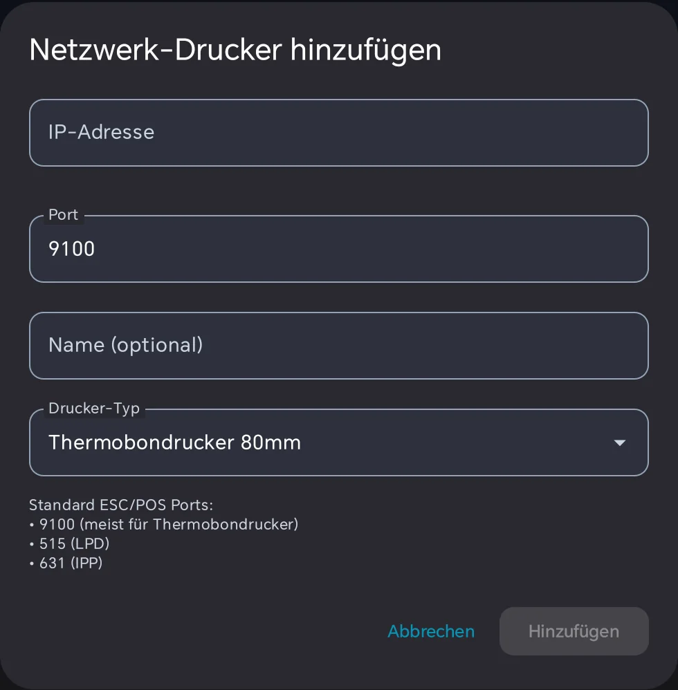Dialog Netzwerk-Drucker hinzufügen mit den Feldern IP-Adresse, Port 9100, Name optional und Drucker-Typ Thermobondrucker 80mm sowie dem Hinweis auf die Ports 9100, 515 und 631
