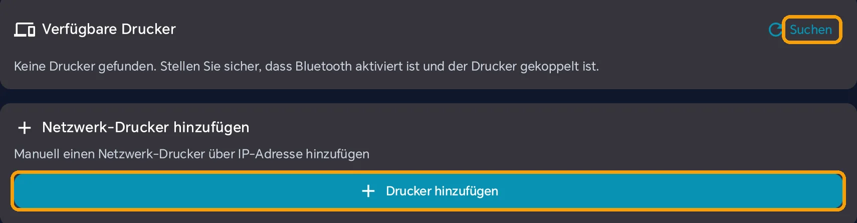 Drucker-Verwaltung: Bereich Verfügbare Drucker mit markiertem Knopf Suchen, darunter Netzwerk-Drucker hinzufügen mit markiertem Knopf Drucker hinzufügen