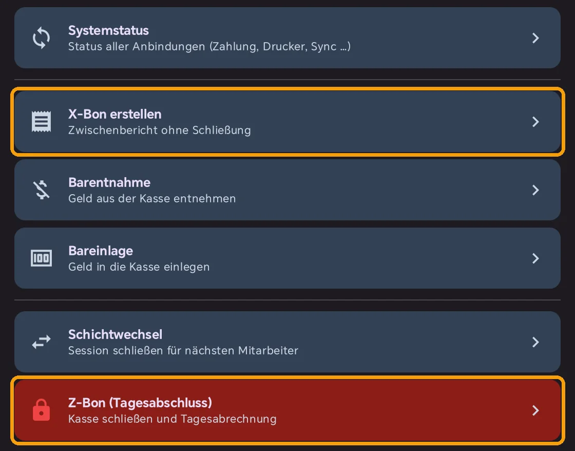 Menü Kassenverwaltung mit markierten Punkten X-Bon erstellen und Z-Bon Tagesabschluss
