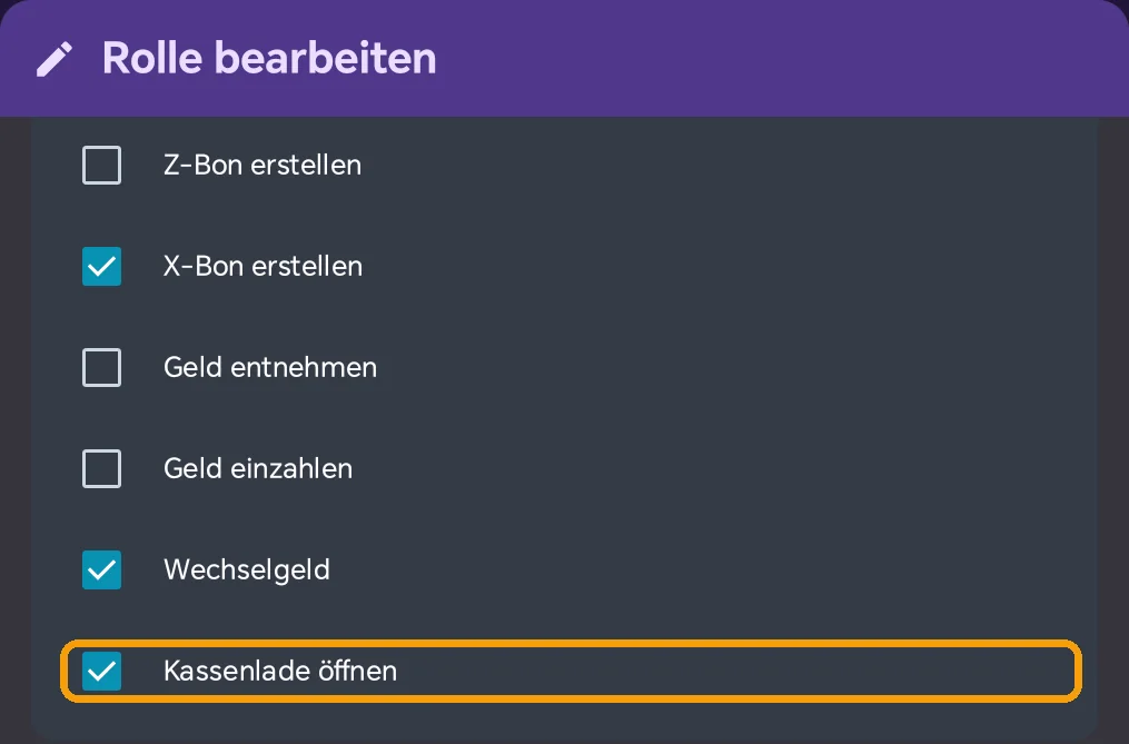 Dialog Rolle bearbeiten mit markiertem Recht Kassenlade öffnen