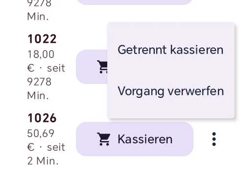 Geöffnetes Drei-Punkte-Menü im Bestellmanagement mit den beiden Einträgen 'Getrennt kassieren' und 'Vorgang verwerfen'