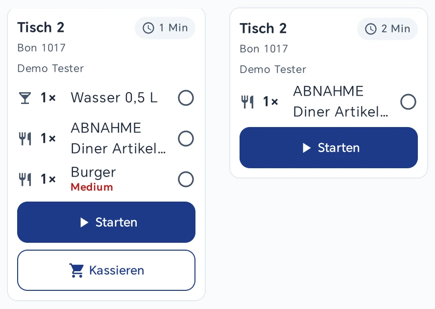 Zwei Ansichten derselben Karte Tisch 2 im Bestellmanagement der Hauptkasse: links vor dem Kassieren mit Wasser 0,5 L, einem Testartikel und Burger, rechts nach dem Kassieren nur noch mit dem Testartikel