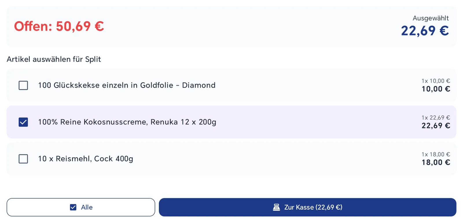 Rechnung aufteilen mit einer angehakten Position, rechts oben 'Ausgewählt 22,69 €', Schaltfläche 'Zur Kasse (22,69 €)'