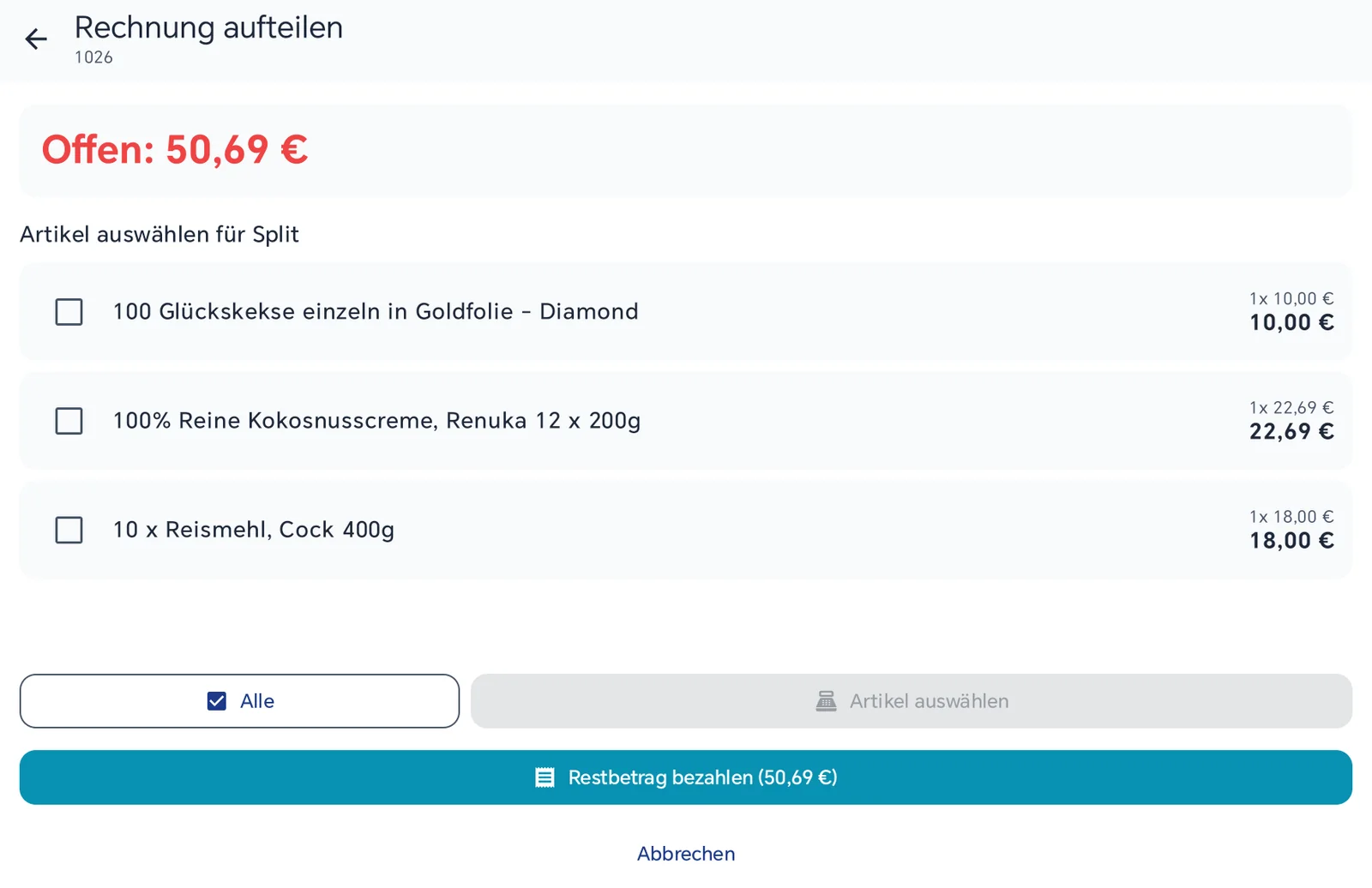Maske 'Rechnung aufteilen' für Bestellung 1026 in BISpicy POS: offener Betrag 50,69 €, drei Positionen mit Auswahlkästchen, Schaltflächen 'Alle', 'Artikel auswählen' und 'Restbetrag bezahlen (50,69 €)'