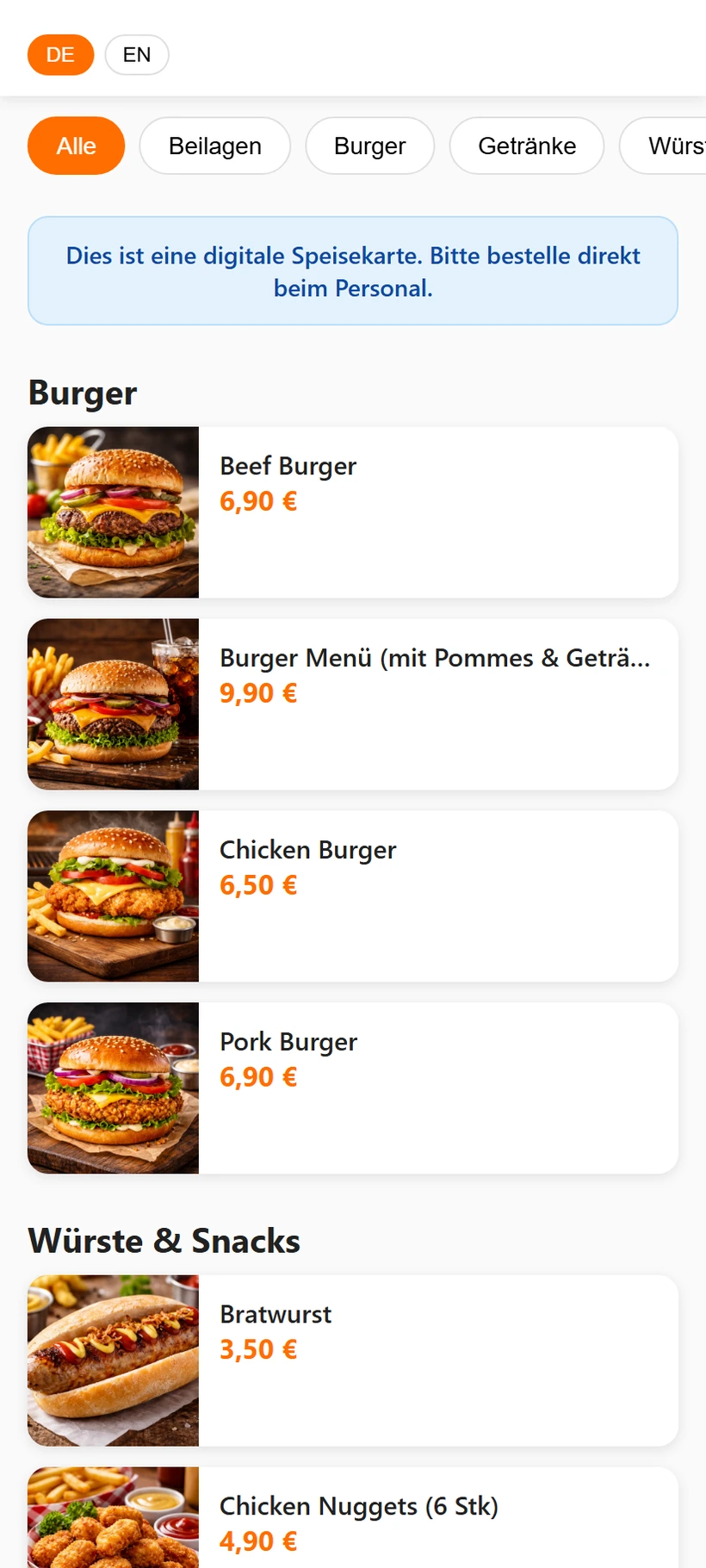 Digitale Speisekarte auf dem Smartphone mit Produkten, Bildern und Preisen