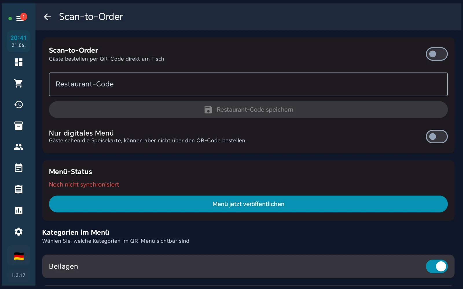 Scan-to-Order-Einstellungen mit aktiviertem Schalter Nur digitales Menü und Restaurant-Code