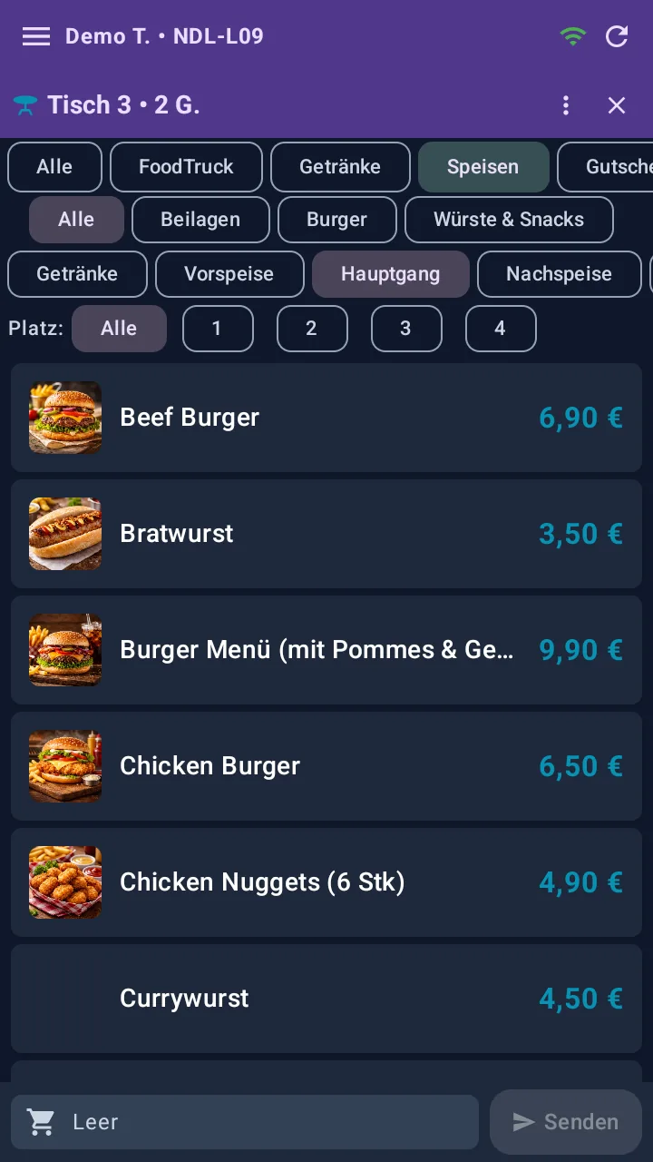 Bestellaufnahme für Tisch 3 mit 2 Gästen in der Kellner-App: oben die Kategorien mit Speisen und den Untergruppen Beilagen, Burger, Würste und Snacks, darunter die Gänge Getränke, Vorspeise, Hauptgang (gewählt) und Nachspeise, darunter die Platzwahl Alle, 1, 2, 3, 4 und die Artikelliste mit Beef Burger, Bratwurst und weiteren Speisen