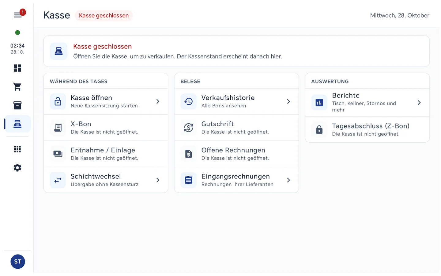 Seite Kasse an der Hauptkasse bei geschlossener Kasse: oben Kasse geschlossen mit dem Hinweis Öffnen Sie die Kasse, um zu verkaufen; darunter die Gruppen Während des Tages mit Kasse öffnen (Neue Kassensitzung starten), X-Bon, Entnahme / Einlage und Schichtwechsel, Belege mit Verkaufshistorie, Gutschrift, Offene Rechnungen und Eingangsrechnungen sowie Auswertung mit Berichte und Tagesabschluss (Z-Bon); ausgegraute Einträge nennen den Grund Die Kasse ist nicht geöffnet.