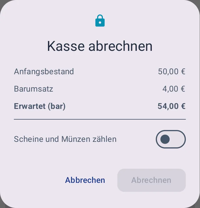 Dialog Kasse abrechnen am Kellner-Gerät bis Kasse 1.3.17: Anfangsbestand 50,00 Euro, Barumsatz 4,00 Euro, Erwartet (bar) 54,00 Euro, Schalter Scheine und Münzen zählen, Knöpfe Abbrechen und Abrechnen