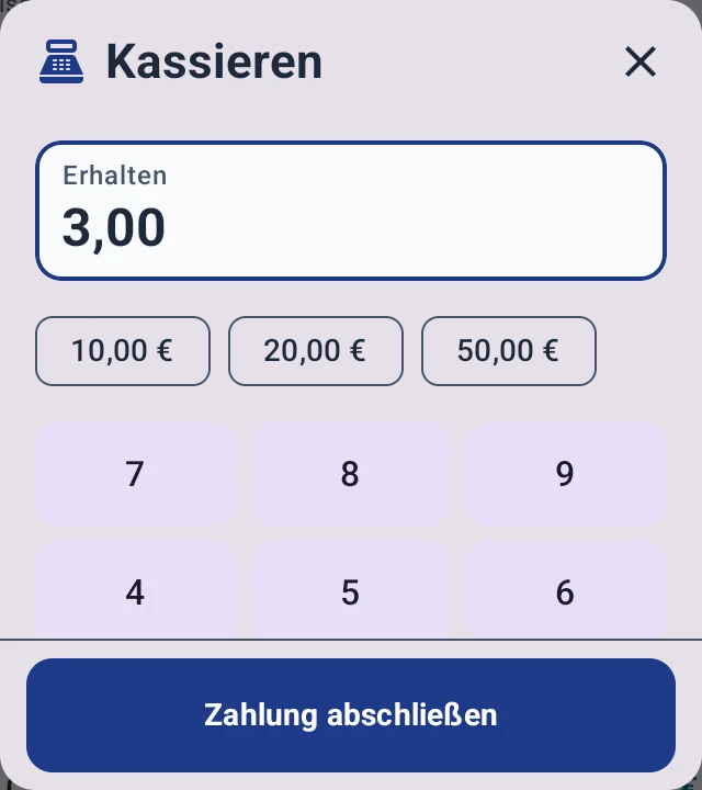 Kassierdialog bei Bargeld: Erhalten ist mit dem fälligen Betrag vorbelegt, darüber Schnellbeträge, darunter der Ziffernblock und Zahlung abschließen