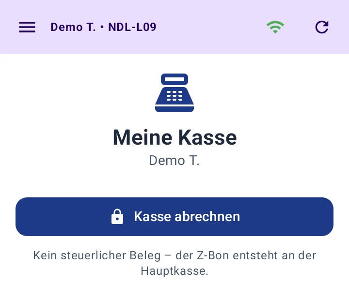 Meine Kasse am Kellner-Gerät: oben das Kassensymbol, Meine Kasse und der Name, darunter der Knopf Kasse abrechnen und der Hinweis Kein steuerlicher Beleg – der Z-Bon entsteht an der Hauptkasse