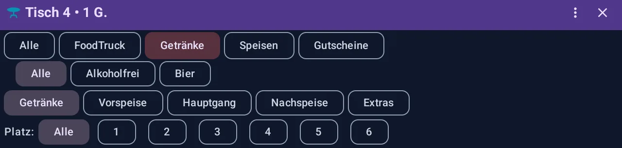 Bestellaufnahme für Tisch 4 mit 1 Gast in der Kellner-App: Kategorien, Gänge und die Platzwahl Alle, 1, 2, 3, 4, 5 und 6