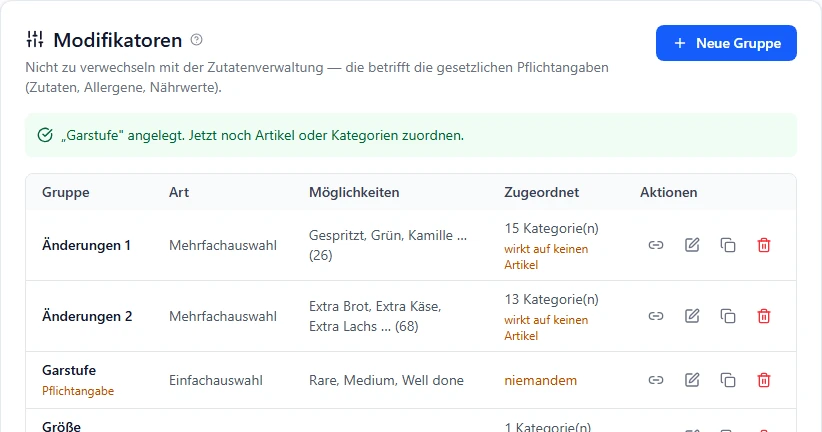 Grüne Meldung Garstufe angelegt, jetzt noch Artikel oder Kategorien zuordnen; in der Liste steht die Gruppe Garstufe mit Pflichtangabe, in der Spalte Zugeordnet steht niemandem