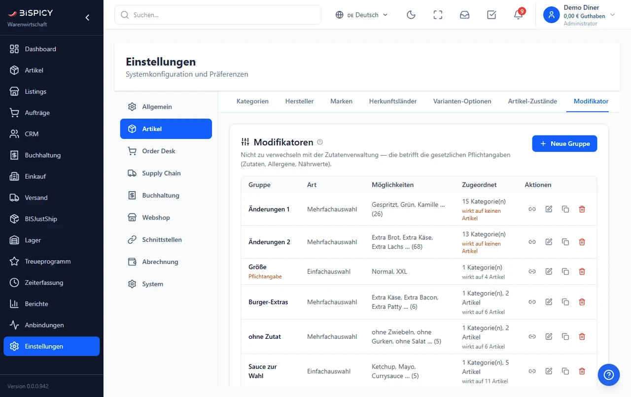 BIS ERP, Einstellungen, Bereich Artikel, Reiter Modifikatoren: Liste der Gruppen mit den Spalten Gruppe, Art, Möglichkeiten, Zugeordnet und Aktionen, oben rechts die Schaltfläche Neue Gruppe