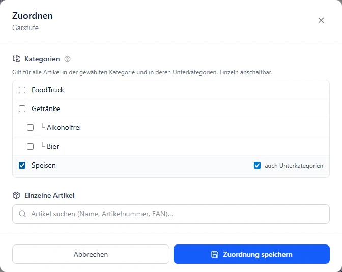 Dialog Zuordnen für die Gruppe Garstufe: Die Oberkategorie Speisen ist angehakt, rechts daneben der eingeschaltete Schalter auch Unterkategorien