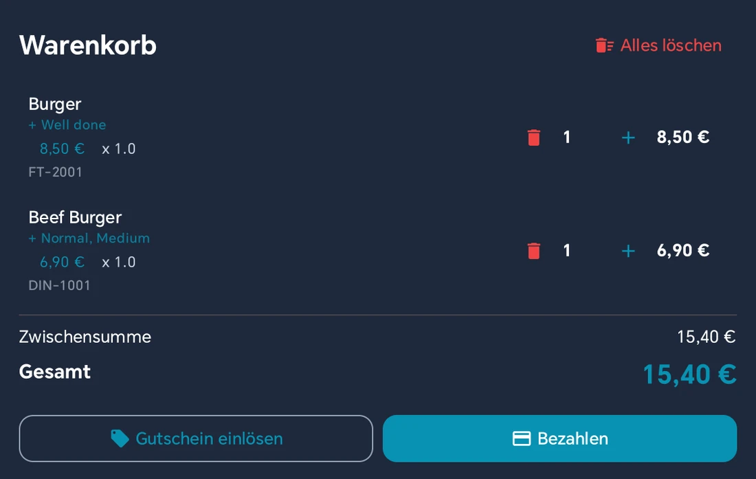 Warenkorb der Kasse mit Burger plus Well done für 8,50 Euro und Beef Burger plus Normal, Medium für 6,90 Euro, Gesamt 15,40 Euro