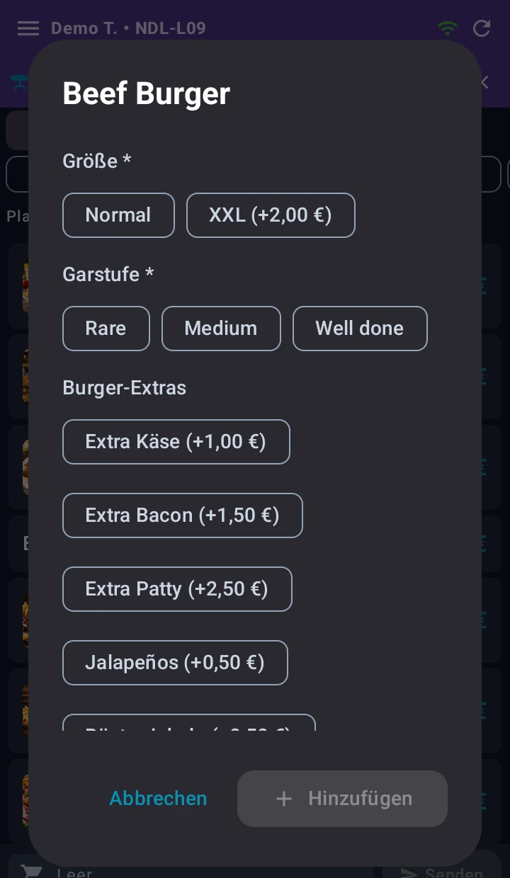 Kellner-Gerät: Dialog Beef Burger mit den Pflichtfragen Größe mit Normal und XXL plus 2,00 Euro sowie Garstufe mit Rare, Medium und Well done, darunter die Burger-Extras; die Schaltfläche Hinzufügen ist ausgegraut