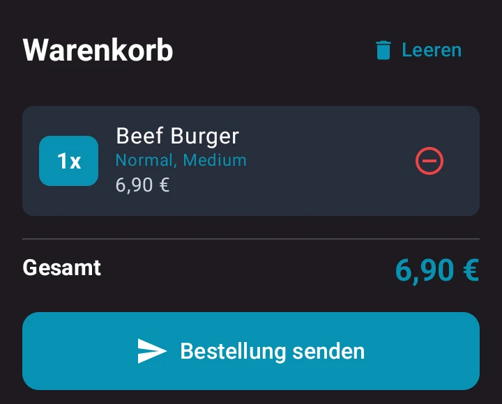 Warenkorb am Kellner-Gerät: 1x Beef Burger, Normal, Medium, 6,90 Euro, darunter Gesamt 6,90 Euro und die Schaltfläche Bestellung senden