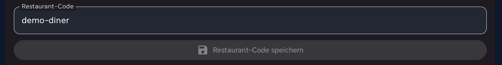 Restaurant-Code-Feld in den Einstellungen der digitalen Speisekarte von BISpicy POS: abgerundetes Eingabefeld im BISCard-Stil mit dem Code demo-diner und der Schaltfläche Restaurant-Code speichern