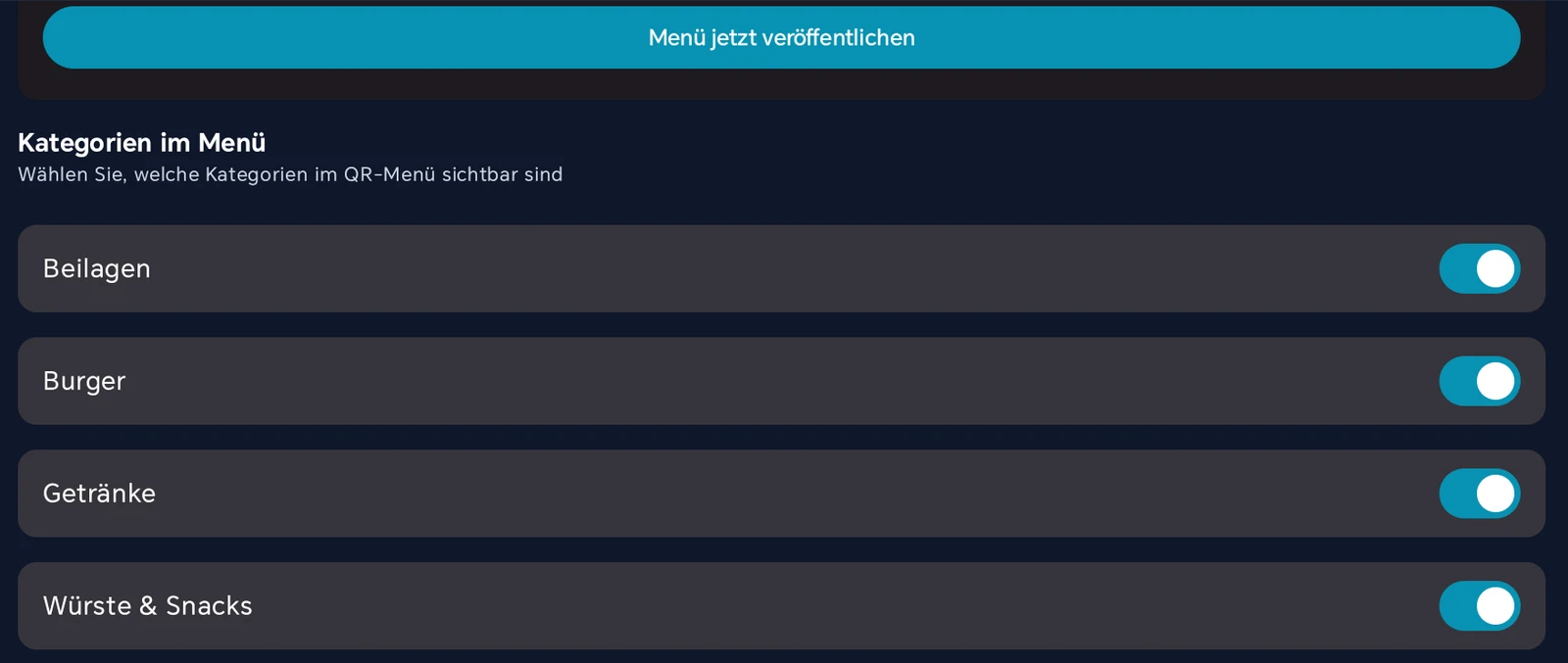 Scan-to-Order-Einstellungen: Schaltfläche Menü jetzt veröffentlichen und der Abschnitt Kategorien im Menü mit Ein-/Aus-Schaltern je Kategorie