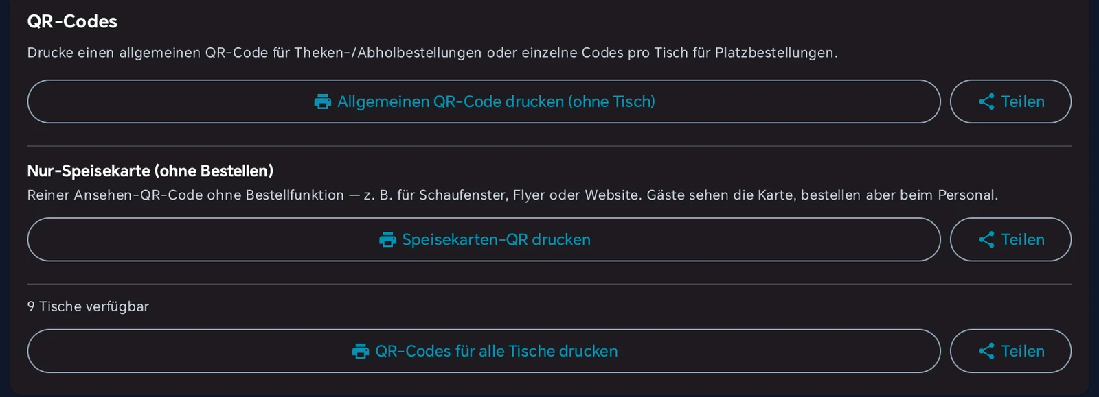 QR-Codes-Abschnitt der Scan-to-Order-Einstellungen: Schaltflächen Allgemeinen QR-Code drucken (ohne Tisch) für Theke und Abholung sowie QR-Codes für alle Tische drucken, jeweils mit Teilen-Funktion