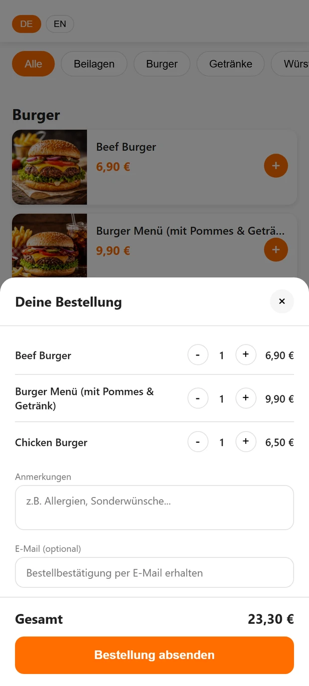Warenkorb der QR-Speisekarte auf dem Smartphone des Gastes: Übersicht Deine Bestellung mit Beef Burger, Burger Menü und Chicken Burger samt Mengen, Anmerkungs- und E-Mail-Feld, Gesamtsumme 23,30 Euro und der orangefarbenen Schaltfläche Bestellung absenden
