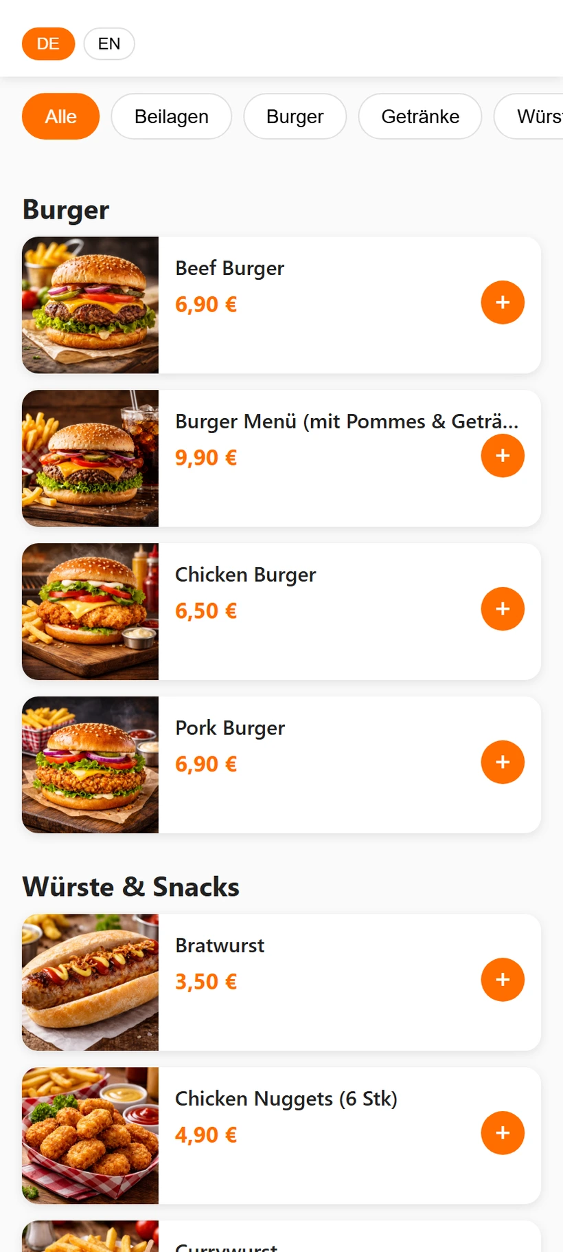 Gäste-Bestellansicht der QR-Speisekarte auf dem Smartphone: Sprachwahl DE/EN, Kategorie-Tabs (Alle, Beilagen, Burger, Getränke, Würste) und Produktliste mit echten Food-Fotos, Preisen (Beef Burger 6,90 €) und orangefarbenen Plus-Buttons zum In-den-Warenkorb-Legen
