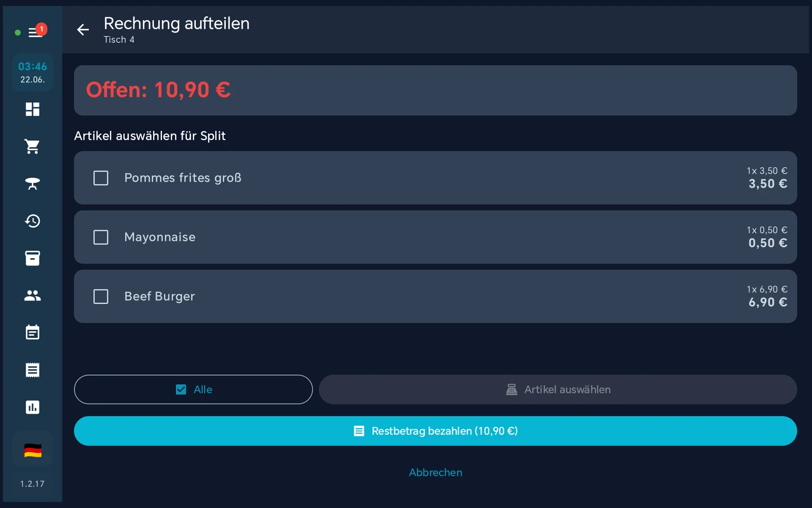 Ansicht 'Rechnung aufteilen' für Tisch 4 in BISpicy POS: offener Betrag 10,90 €, Liste der Artikel Pommes frites groß, Mayonnaise und Beef Burger mit Auswahl-Checkboxen, Schaltflächen 'Alle' und 'Artikel auswählen' sowie 'Restbetrag bezahlen (10,90 €)'.