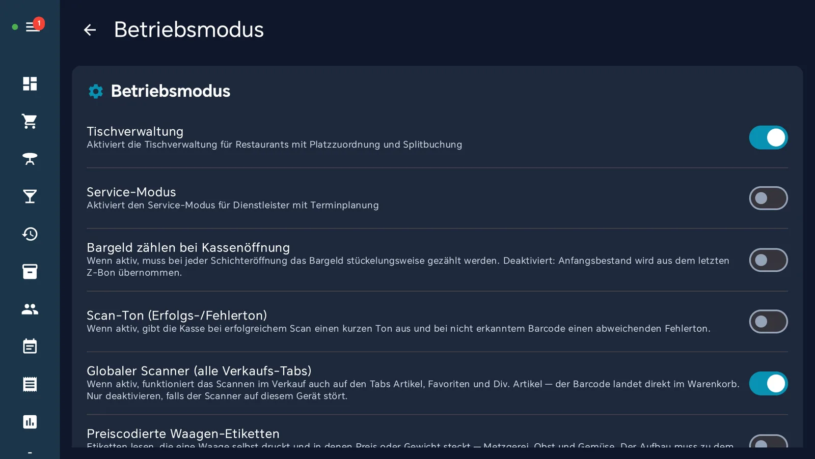 Seite Betriebsmodus mit eingeschaltetem Schalter Tischverwaltung (blau); in der Menüleiste links ist unter dem Einkaufswagen ein Tisch-Symbol hinzugekommen