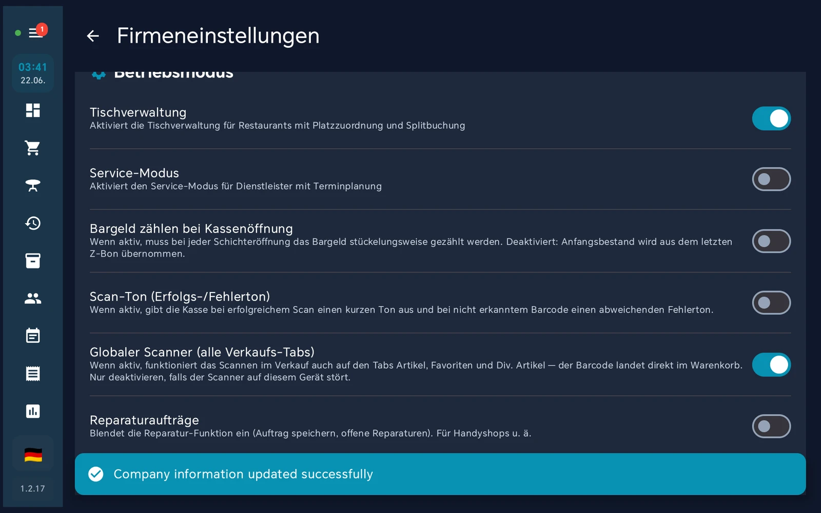Der Schalter 'Tischverwaltung' in der BISpicy POS Kasse ist jetzt eingeschaltet (blau), eine Erfolgsmeldung 'gespeichert' wird eingeblendet.