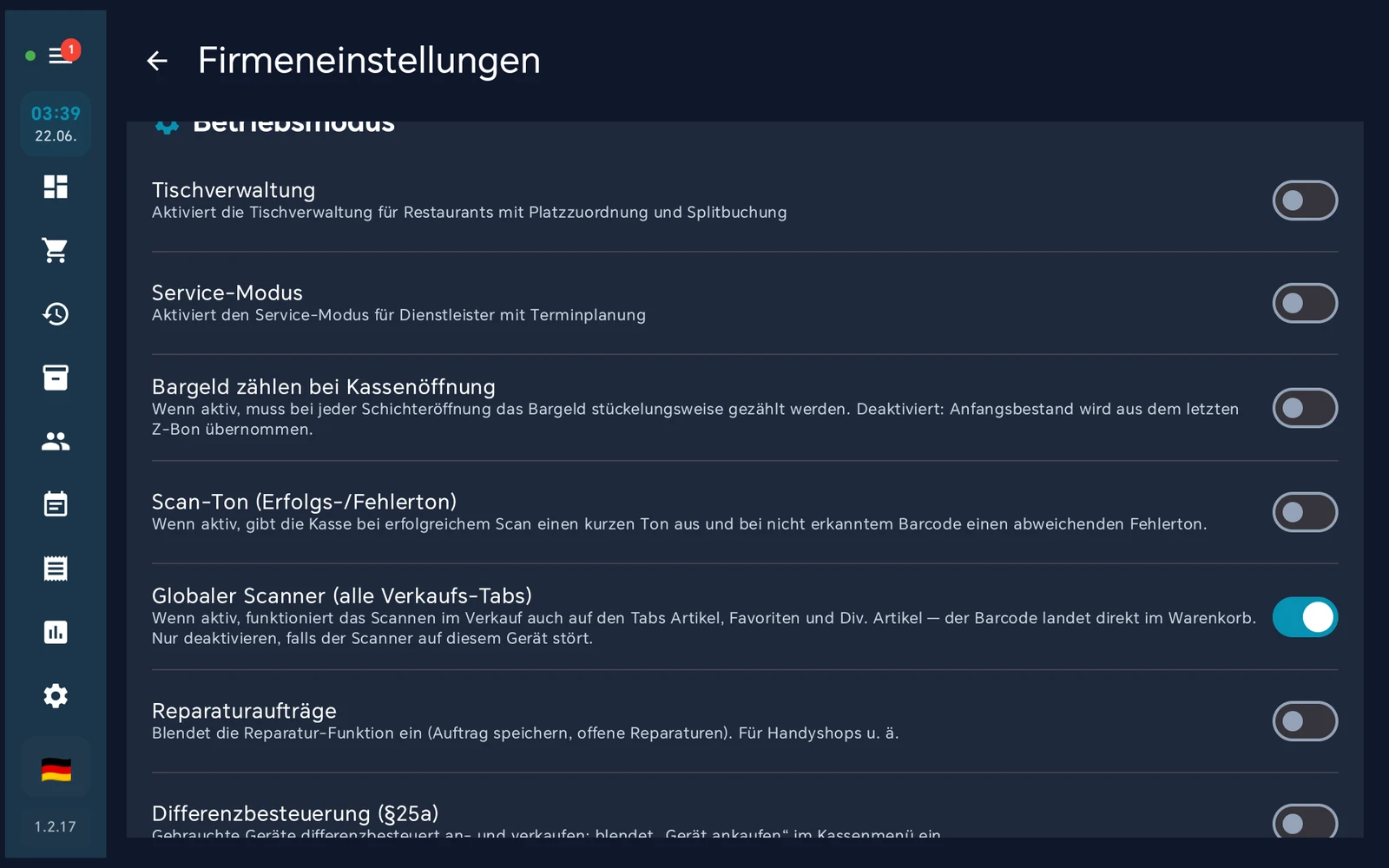 Sektion 'Betriebsmodus' in den Firmeninformationen der BISpicy POS Kasse: der Schalter 'Tischverwaltung' mit dem Hinweis 'Aktiviert die Tischverwaltung für Restaurants mit Platzzuordnung und Splitbuchung' steht noch auf AUS.