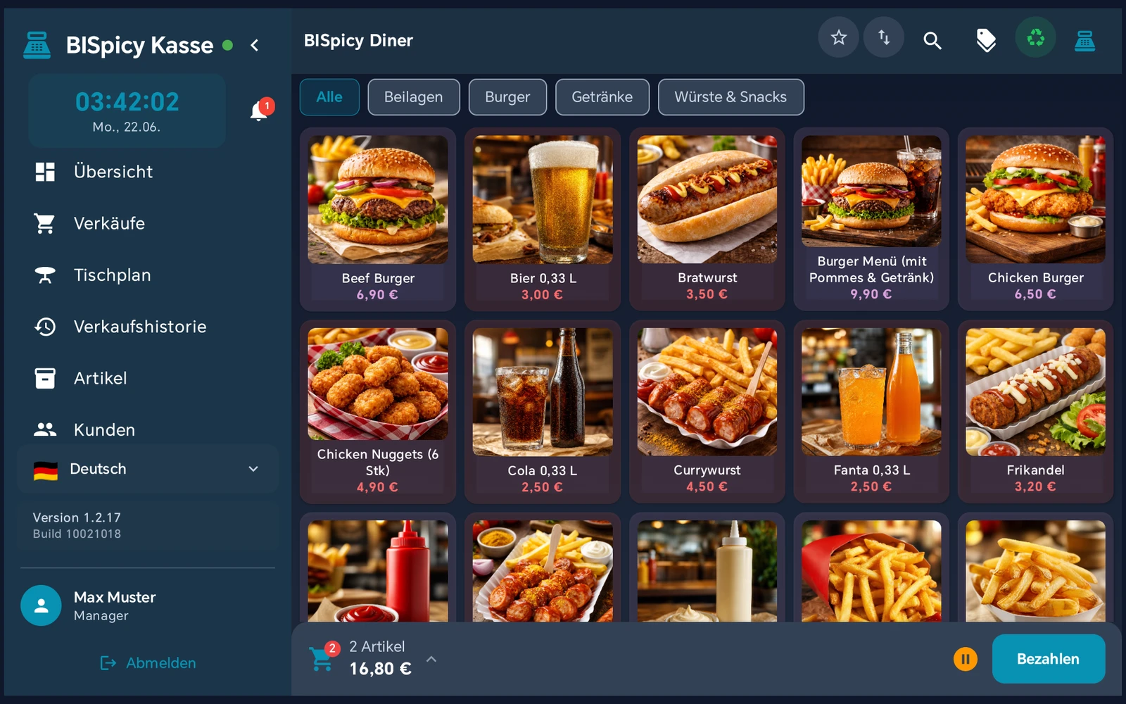 Hauptmenü der BISpicy POS Kasse mit dem neuen Eintrag 'Tischplan' zwischen 'Verkäufe' und 'Verkaufshistorie'.