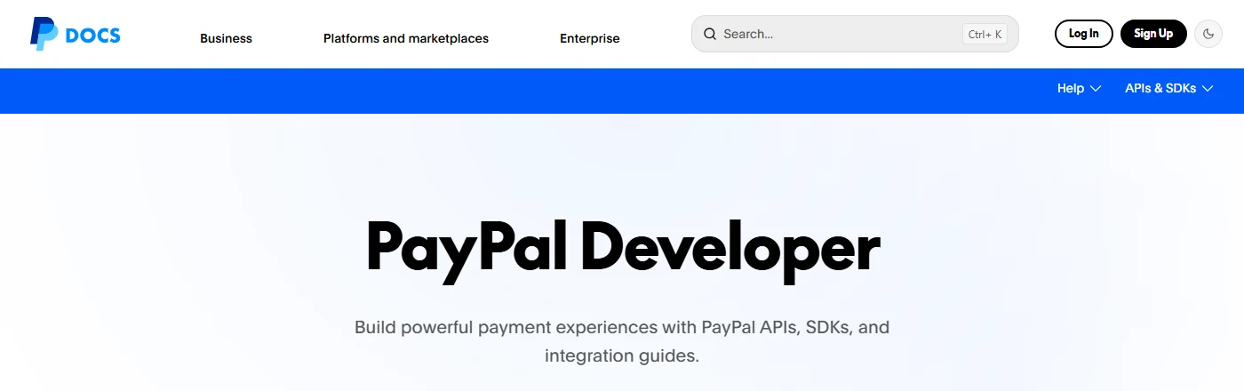 Startseite PayPal Developer mit den Knöpfen Log In und Sign Up oben rechts
