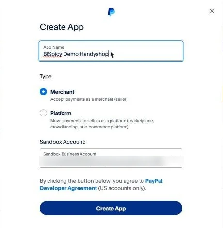 Fenster Create App mit dem Feld App Name, ausgewählt ist der Typ Merchant, darunter das Sandbox-Konto und der Knopf Create App