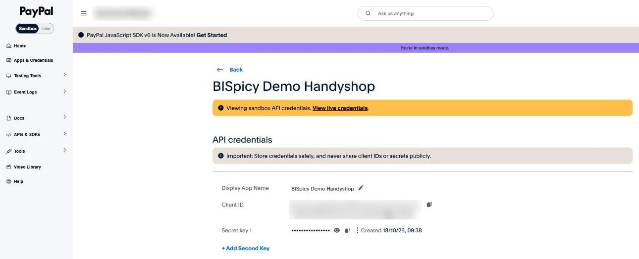 Seite der angelegten App mit Display App Name, Client ID unkenntlich und Secret key 1 als Punkte, rechts daneben die Symbole Anzeigen und Kopieren