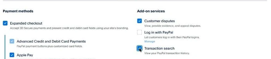 Abschnitt Add-on services der PayPal-App mit dem gesetzten Haken Transaction search