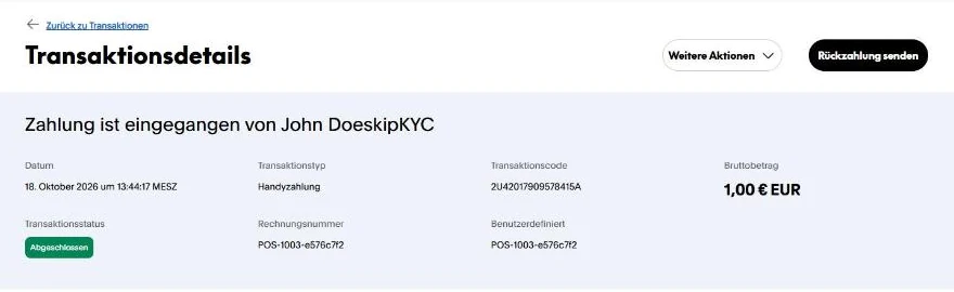 PayPal Transaktionsdetails: Zahlung ist eingegangen, Transaktionstyp Handyzahlung, Transaktionscode, Bruttobetrag 1,00 Euro, Status Abgeschlossen, Rechnungsnummer POS-1003 mit Zusatz