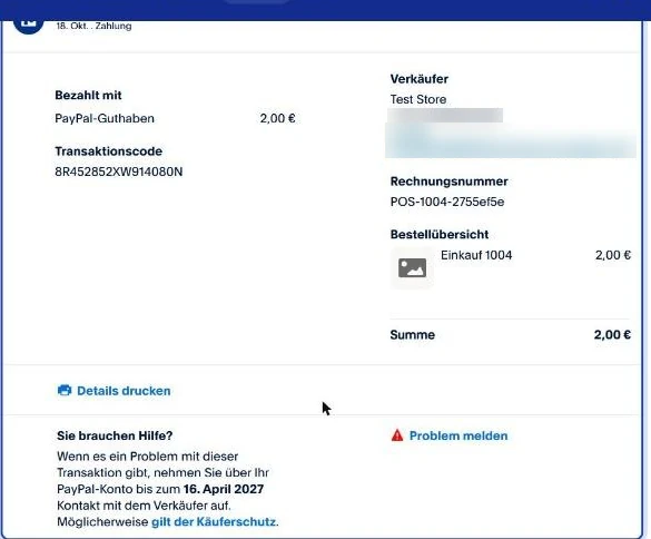 PayPal-Konto des Kunden: Zahlung mit PayPal-Guthaben, Transaktionscode, Verkäufer, Rechnungsnummer POS-1004 mit Zusatz und Bestellübersicht Einkauf 1004