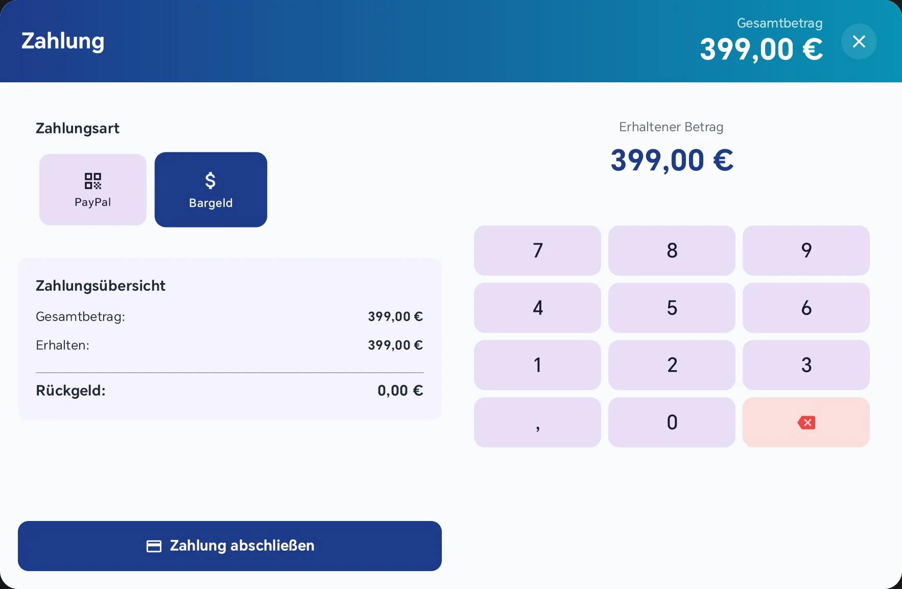 Fenster Zahlung an der Kasse mit den Zahlungsarten PayPal und Bargeld, der Zahlungsübersicht und dem Knopf Zahlung abschließen