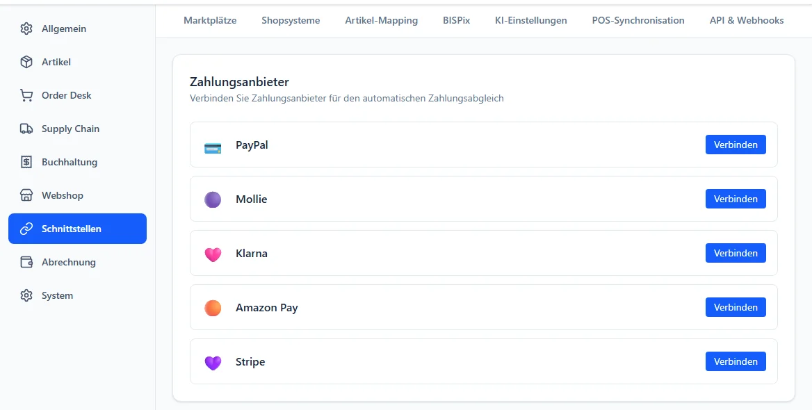 BIS ERP, Einstellungen, Schnittstellen, Zahlungsanbieter: Liste mit PayPal, Mollie, Klarna, Amazon Pay und Stripe, je mit dem Knopf Verbinden