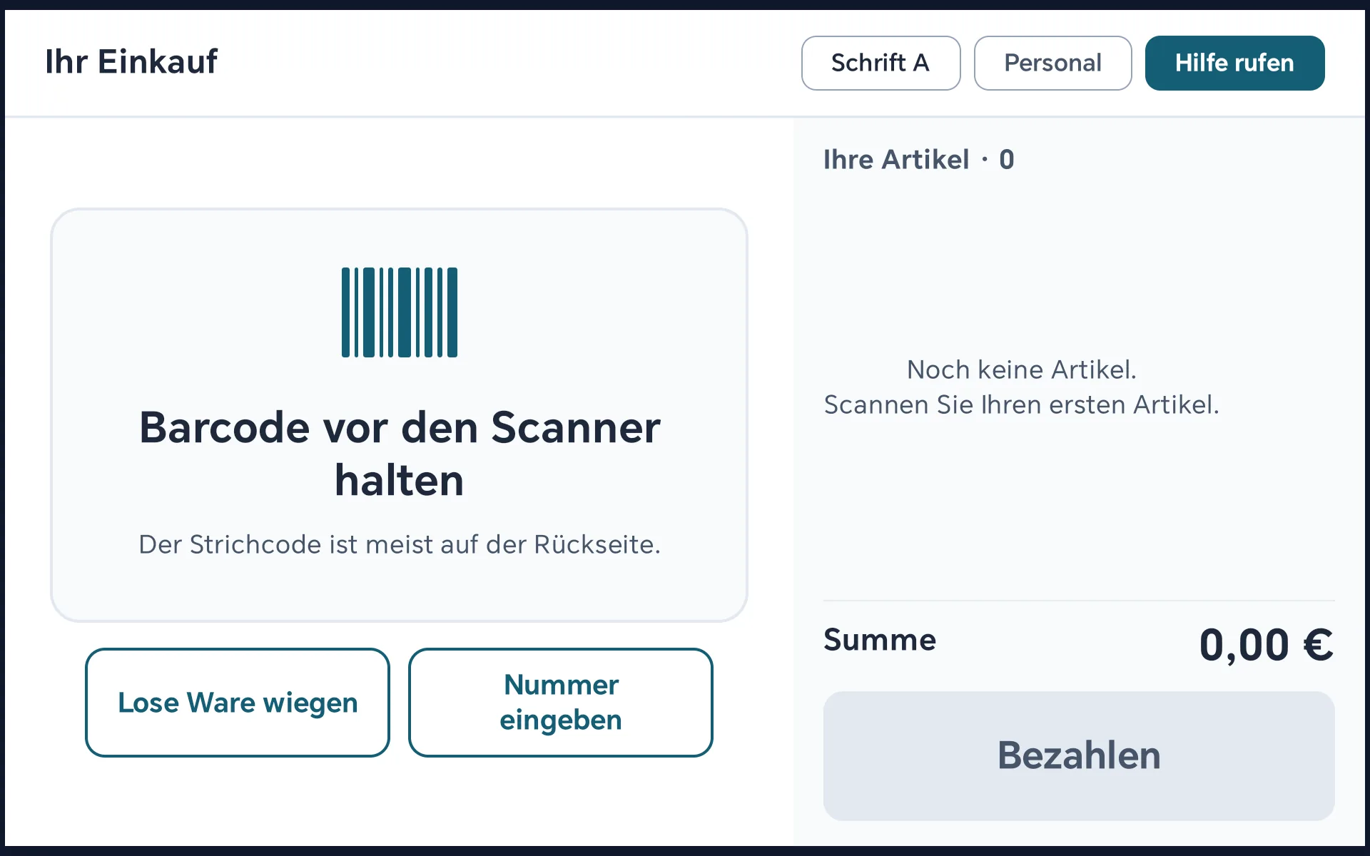 Selbstbedienungs-Kasse im Ruhezustand: Aufforderung zum Scannen, rechts der leere Warenkorb
