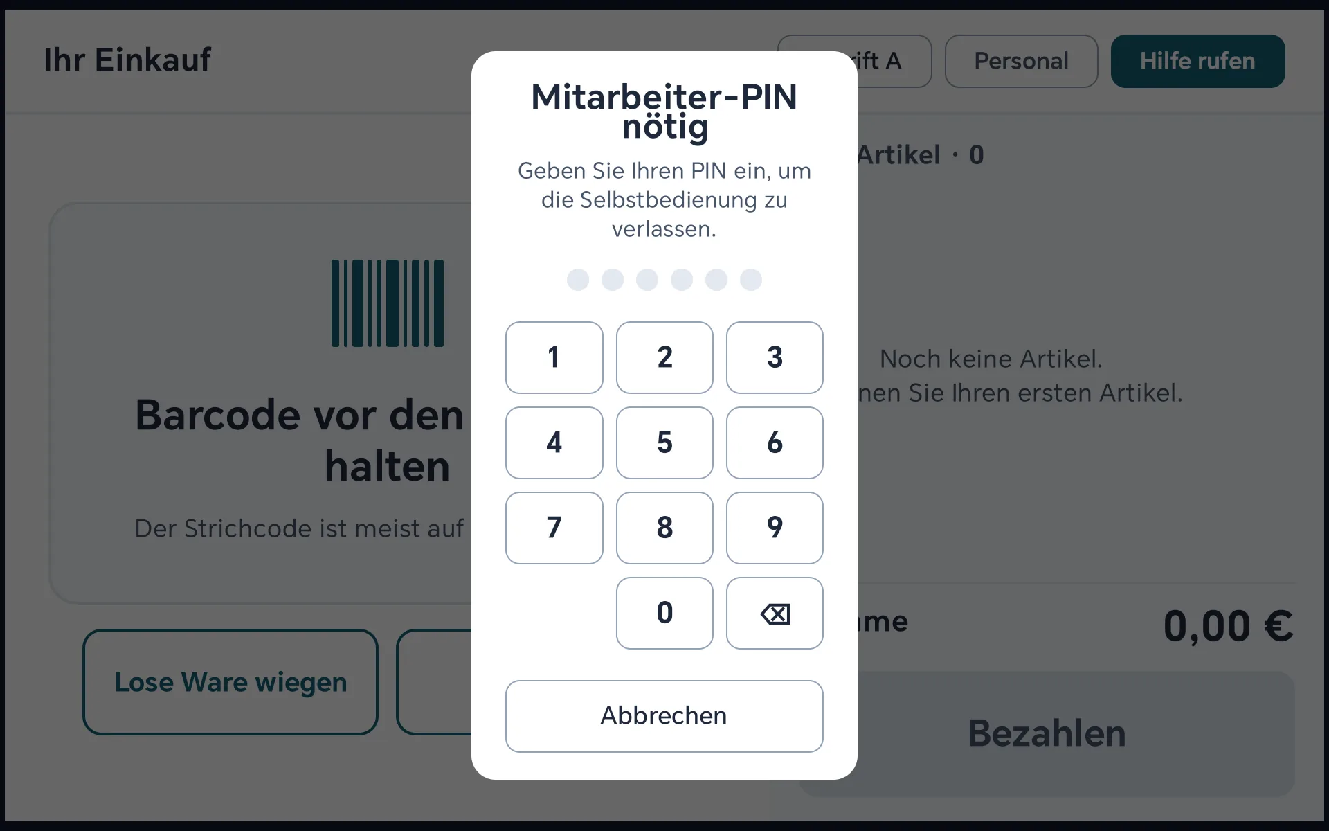 Abfrage der Mitarbeiter-PIN beim Verlassen der Selbstbedienung