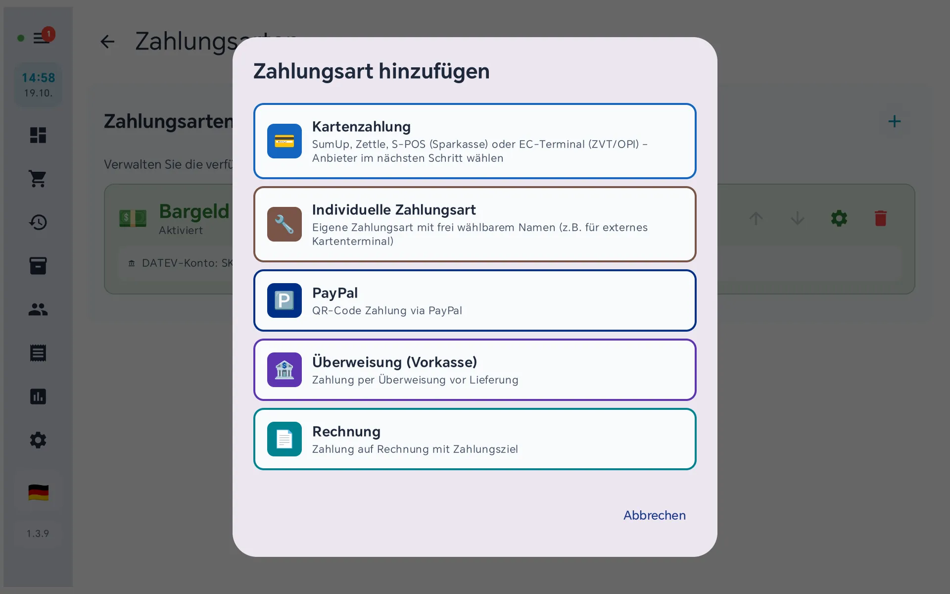 Kasse, Einstellungen Zahlungsarten: Fenster Zahlungsart hinzufügen mit Kartenzahlung, Individuelle Zahlungsart, PayPal, Überweisung und Rechnung