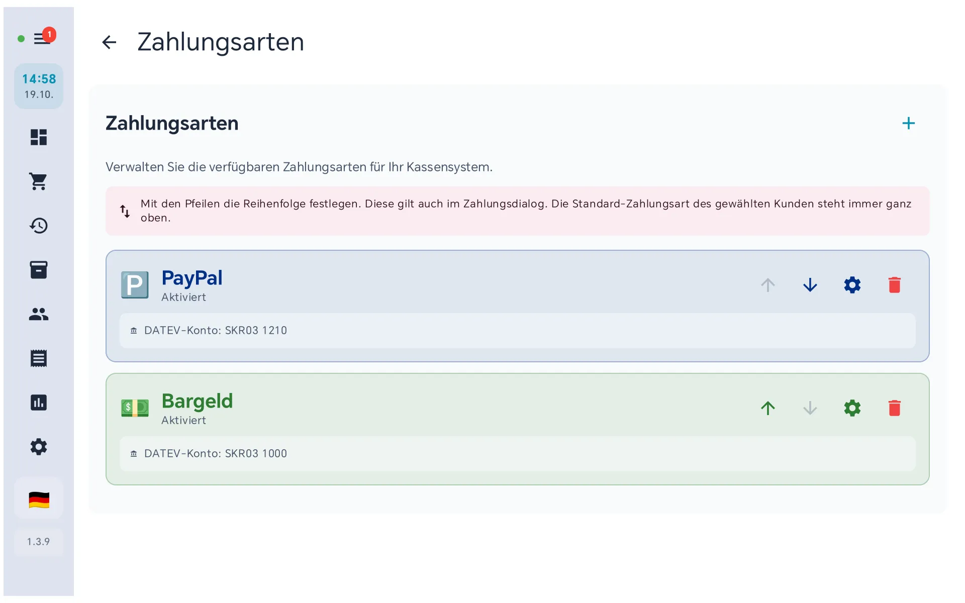 Liste der Zahlungsarten mit PayPal und Bargeld, beide aktiviert, darunter jeweils das DATEV-Konto