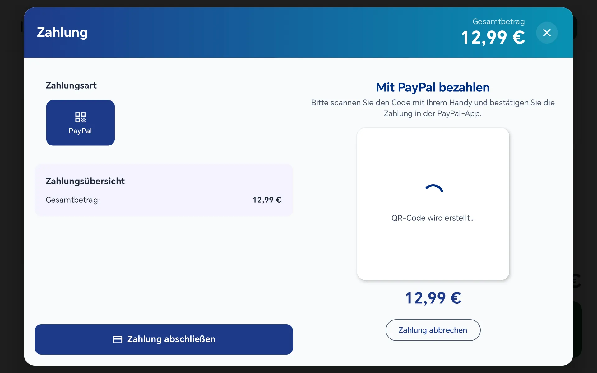 Fenster Zahlung mit gewählter Zahlart PayPal, rechts QR-Code wird erstellt, links unten der Knopf Zahlung abschließen